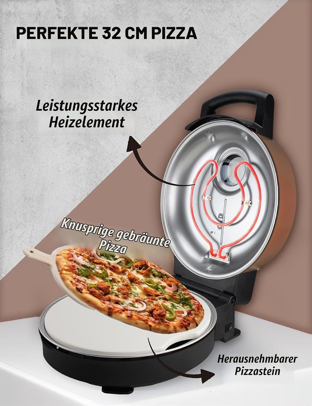Bestron Pizzaofen für knusprige Pizzen in 5-10 Minuten, elektischer Pizzaofen mit bis zu echten 320°