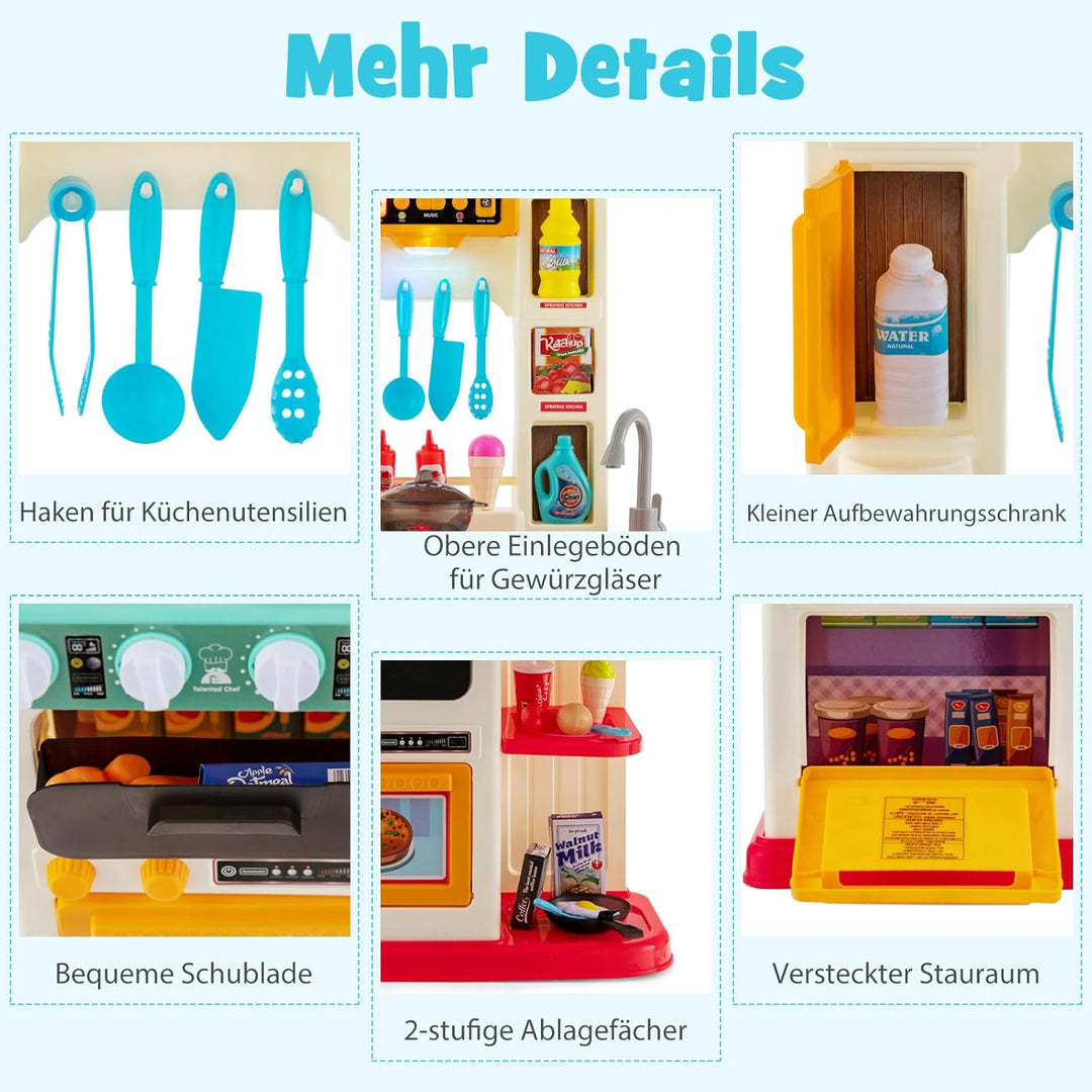 COSTWAY 65 TLG. Kinderküche mit Lichter, Musik und Sound, Spielküche inkl. Zubehör, Kinderspielküche