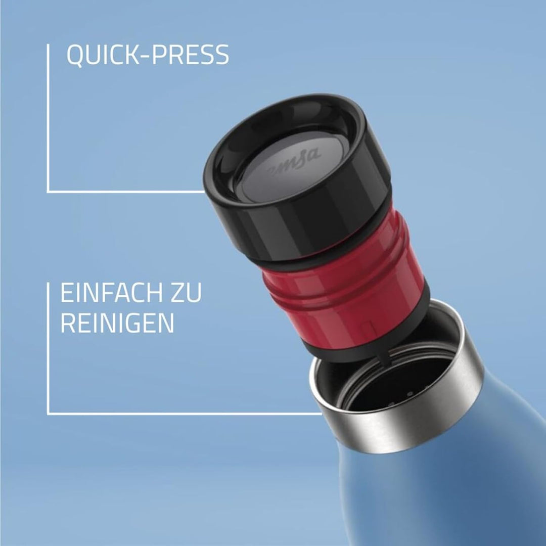 Emsa Bludrop Isolier-Trinkflasche, 0,7 Liter, 100% dicht, Quick-Press Verschluss, Ergonomischer 360°