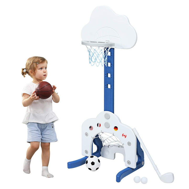 COSTWAY 3 in 1 Kinder Spielplatz, höhenverstellbarer Basketballkorb &amp; Fussballtor &amp; Golf, Basketball