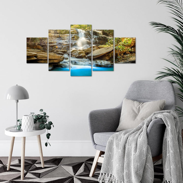 Runa Art Wandbilder Wasserfall 5 Teilig Bild auf Vlies Leinwand Deko Wohnzimmer Schlafzimmer Berge N