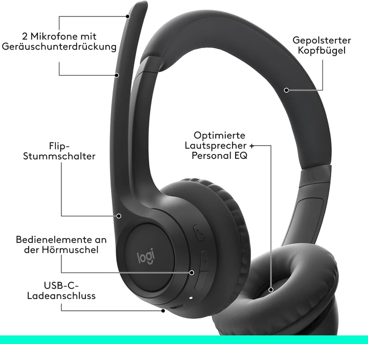 Logitech Zone 300 Wireless Bluetooth Headset mit Mikrofon inkl. Geräuschunterdrückung, kompatibel mi