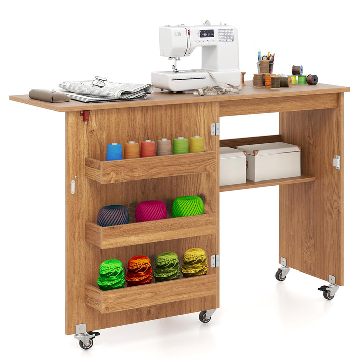 LIFEZEAL Nähmaschinenschrank klappbar, Nähschrank 2 in 1, Schreibtisch Holz mit Haken, Ablage &amp; Roll