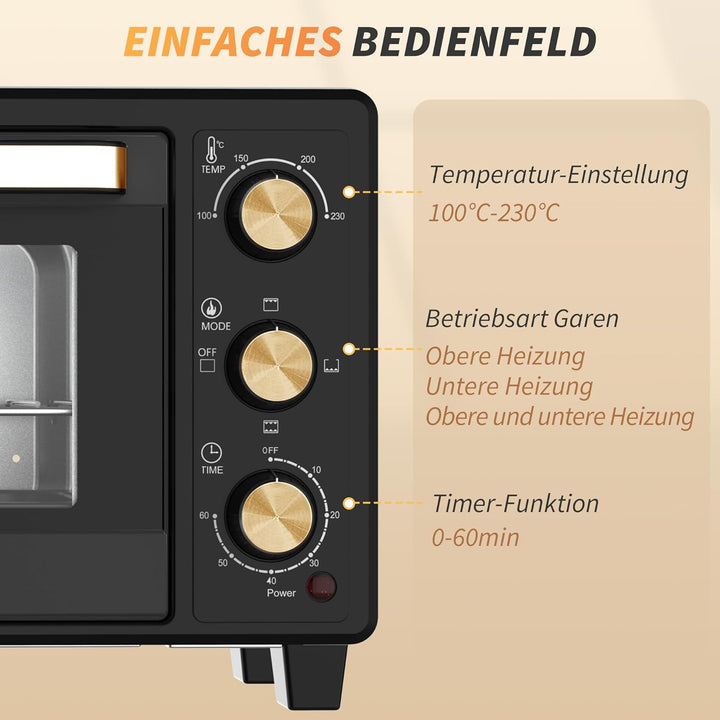 HOMCOM Mini Backofen 16 L 1400W 100-230℃ 60 Min. Timer inkl. Krümelblech, Backblech und Grillrost, M