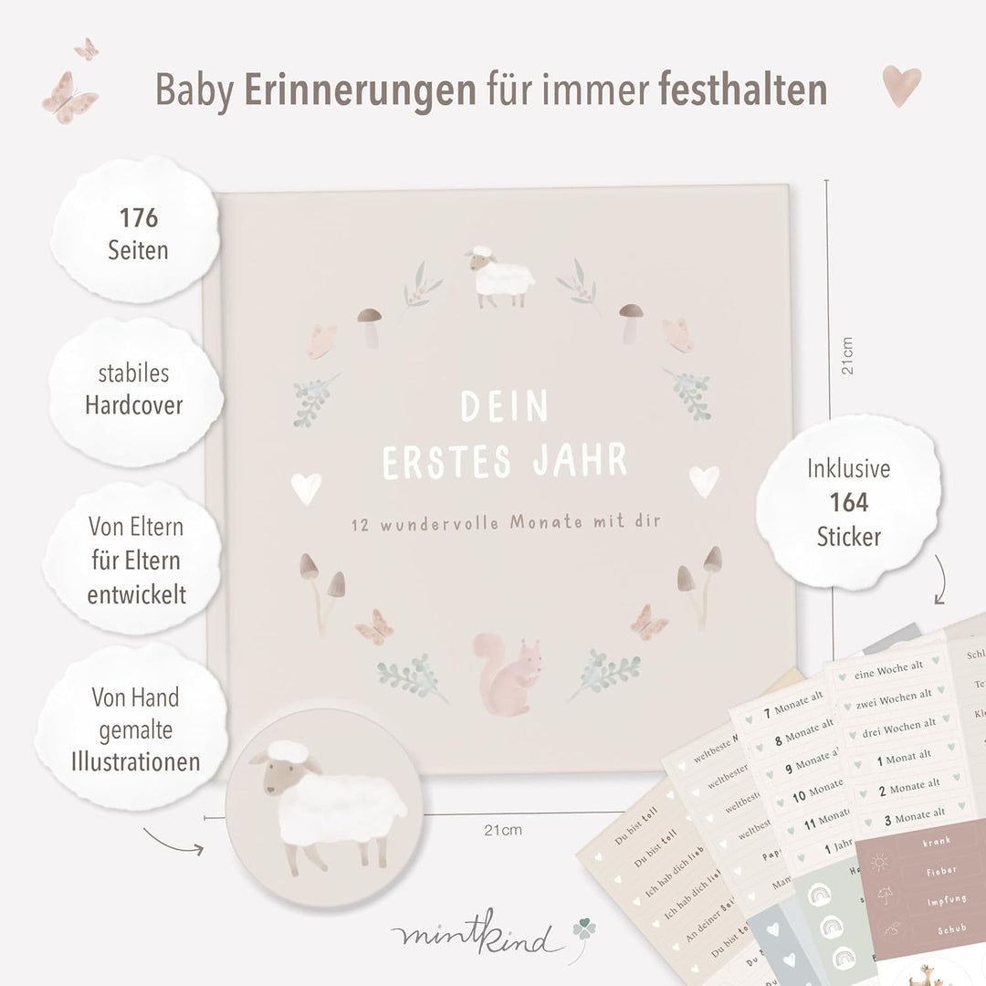 mintkind® Babyalbum "Mein erstes Lebensjahr" Wald + Sticker Set | Baby Fotoalbum zum Selbstgestalten