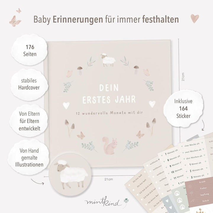 mintkind® Babyalbum "Mein erstes Lebensjahr" Wald + Sticker Set | Baby Fotoalbum zum Selbstgestalten