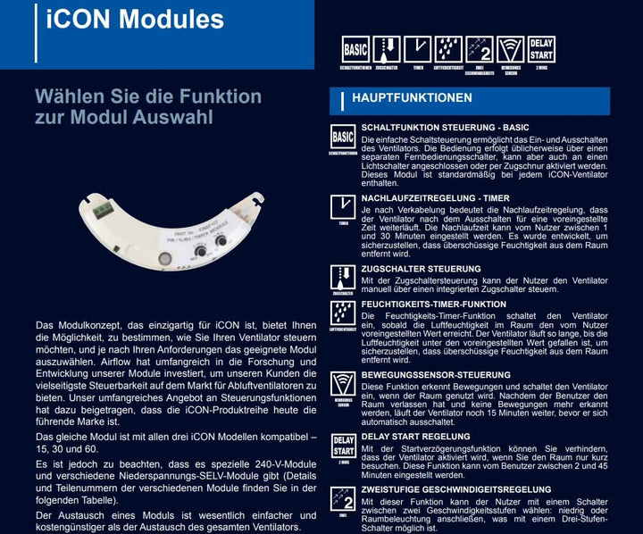 Airflow iCON HTM Steckmodul – Einstellbarer Feuchtigkeitssensor (40–90% rF), Nachlauf-Timer (2–45 Mi