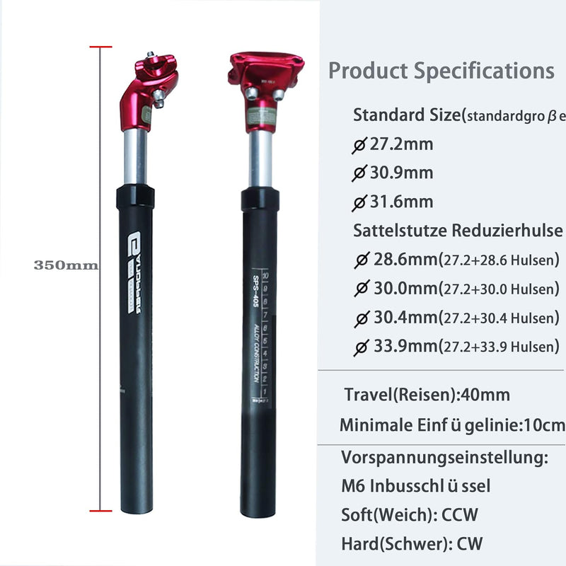 GANOPPER Sattelstütze Gefedert 27.2/28.6/30.0/30.4/31.6/33.9/34.9 350mm Alu Mit Konverter Für MTB BM