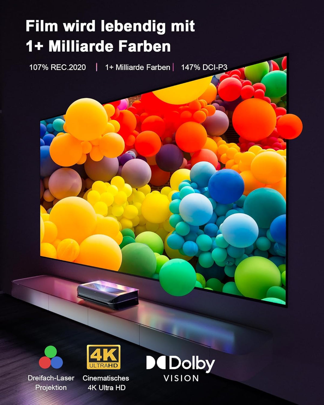AWOL VISION LTV-3000 Pro 4K 3D Kurzdistanz Beamer 4k Laser, 3000 Lumen mit Dolby Vision & Atmos, HDR