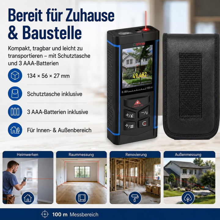 100m Laser Entfernungsmesser mit 6-Fach Kamera, ±2mm Genauigkeit, Elektronische Wasserwaage, Echtzei