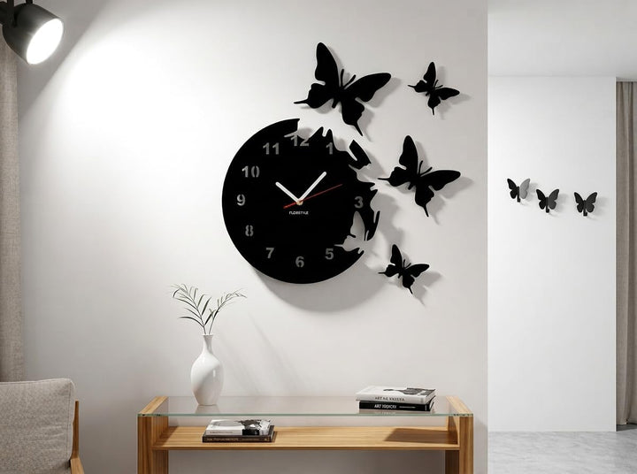 Grosse moderne Wanduhr Schmetterling Schwarz rund 30cm, 3d DIY, Wohnzimmer, Schlafzimmer, Kinderzimm