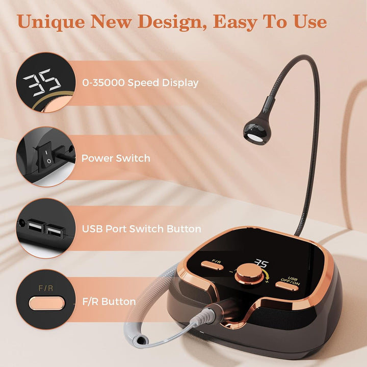 Electric Nail Drill Machine, Professional 35000RPM Electric Nail Drill File with Speed Display Manic