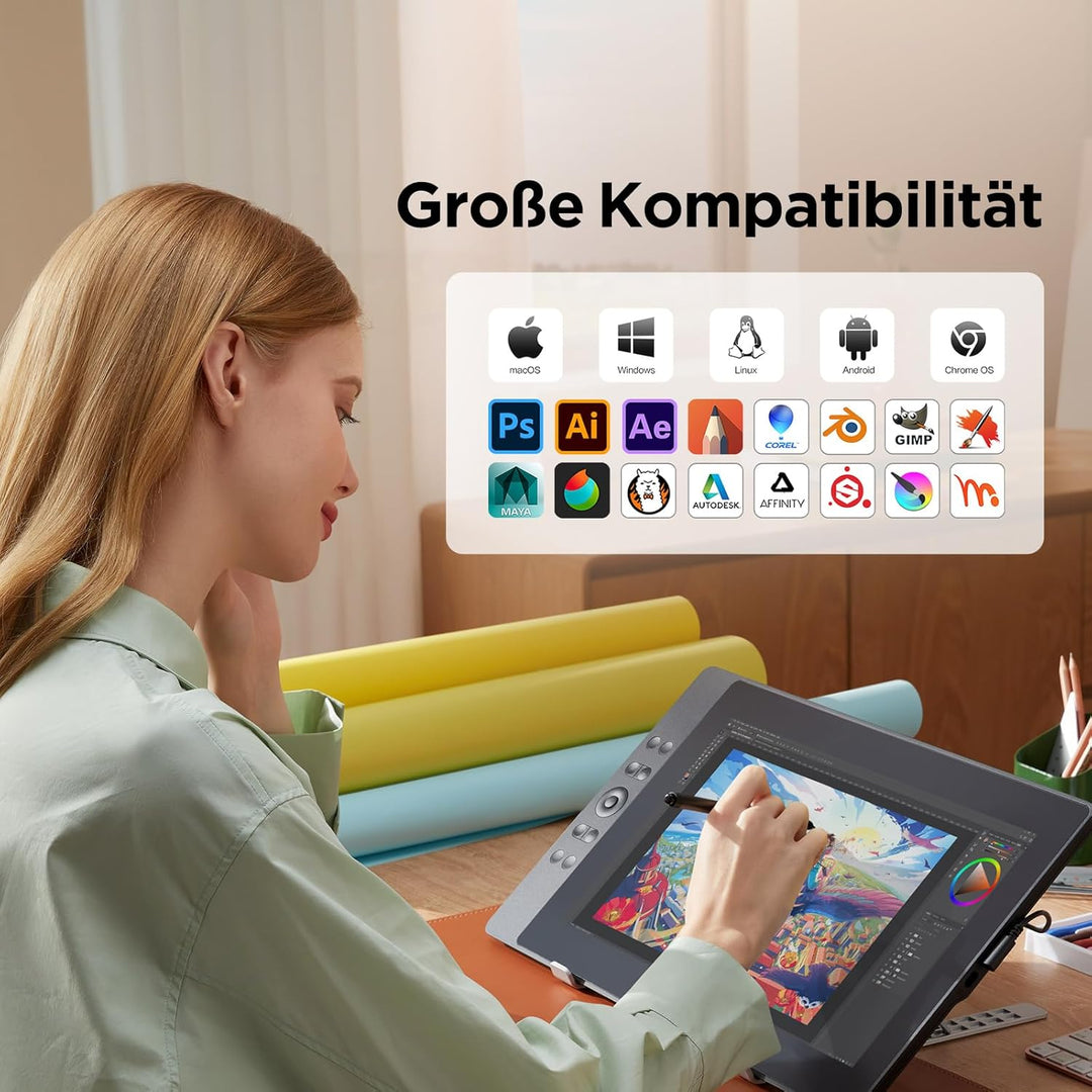 ugee Grafiktablett mit Display, UE16 FHD IPS 15.4 Zoll Grafiktabletts mit 143% sRGB Bildschirm, 16K