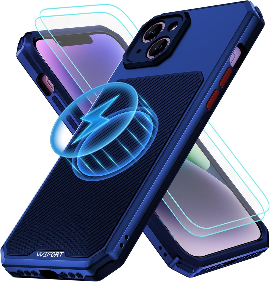 WIFORT Magnetisch Metall Hülle für iPhone 14 Plus Kompatibel mit MagSafe, mit 2 Stück Schutzglas, Mi