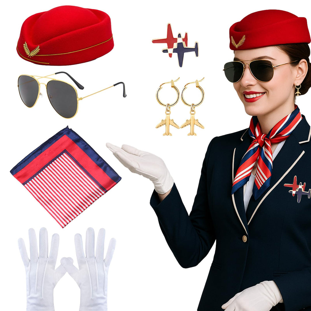 Professionelles Flugbegleiter-Kostüm für Damen, Stewardess-Thema, Karnevalskostüm mit Hut, Schal, Ha