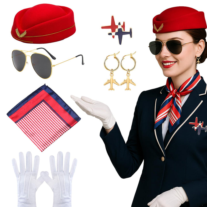 Professionelles Flugbegleiter-Kostüm für Damen, Stewardess-Thema, Karnevalskostüm mit Hut, Schal, Ha