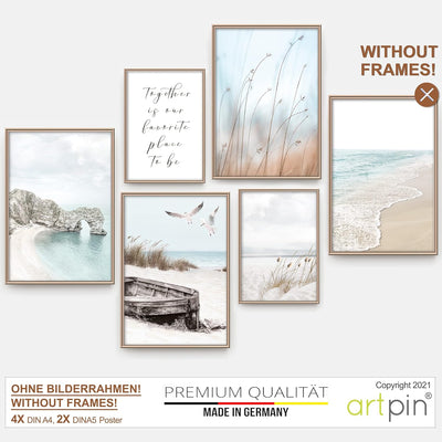 artpin® Moderne Poster Set - Bilder Wohnzimmer Deko Schlafzimmer - Pampas Gras Beige Meer Strand Bil