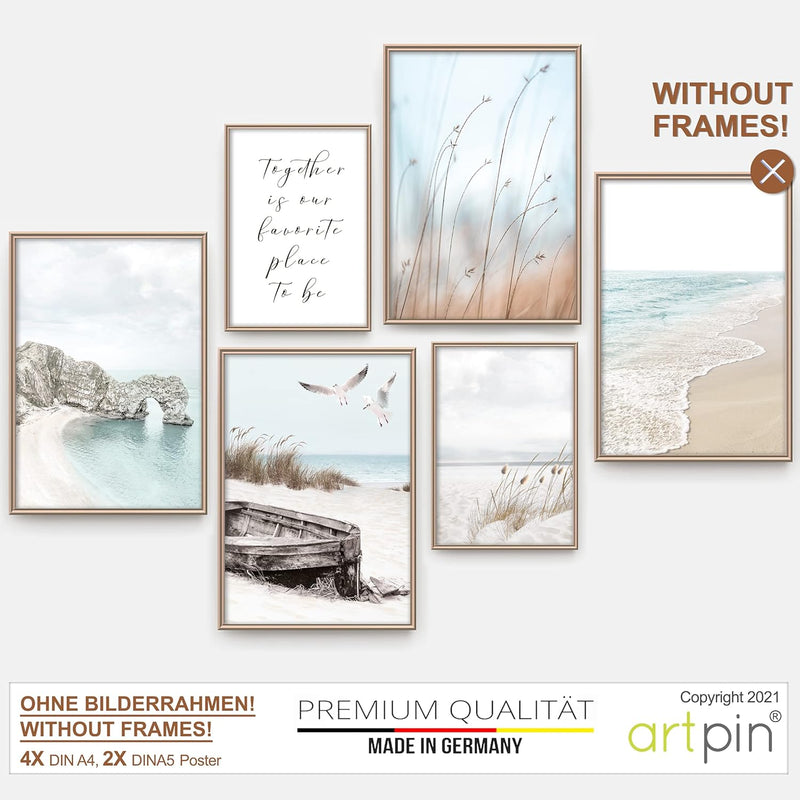 artpin® Moderne Poster Set - Bilder Wohnzimmer Deko Schlafzimmer - Pampas Gras Beige Meer Strand Bil