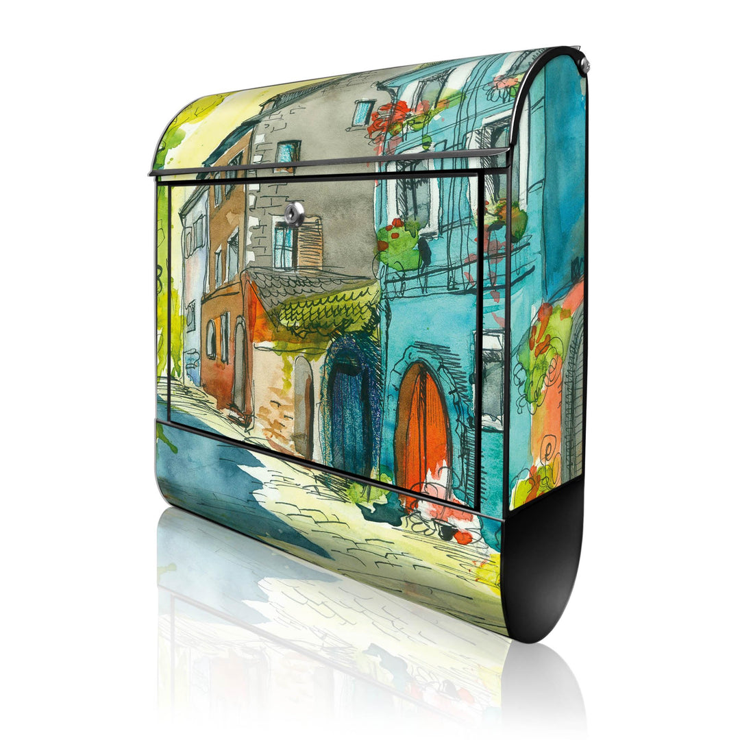 banjado® Design Briefkasten mit Motiv Historischer Stadtkern 39x47x14cm &amp; 2 Schlüssel - Briefkasten