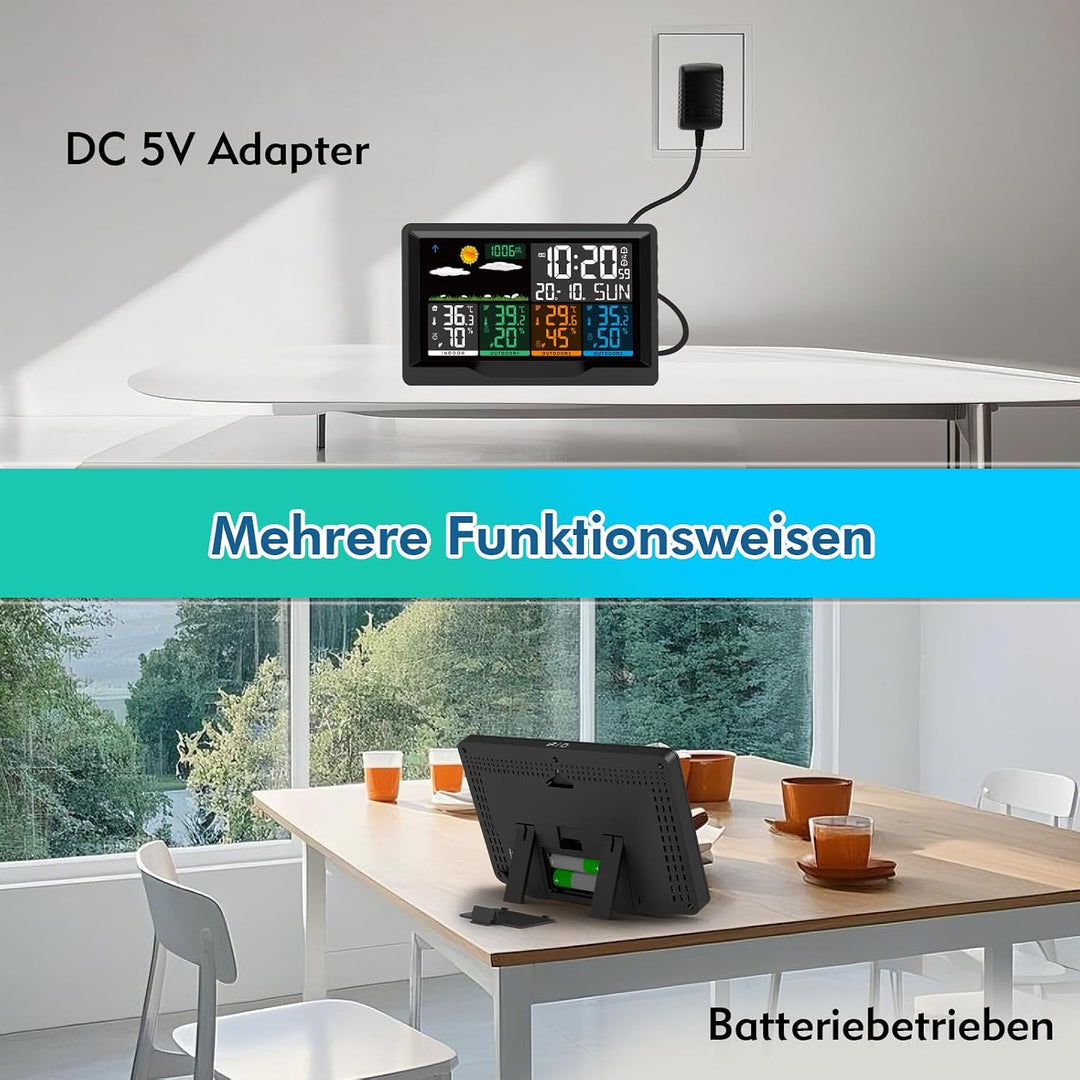 Wetterstation Funk mit Aussensensor, Wetterstation Funk mit 3 Aussensensor, 7,5" VA-Farbdisplay Funk