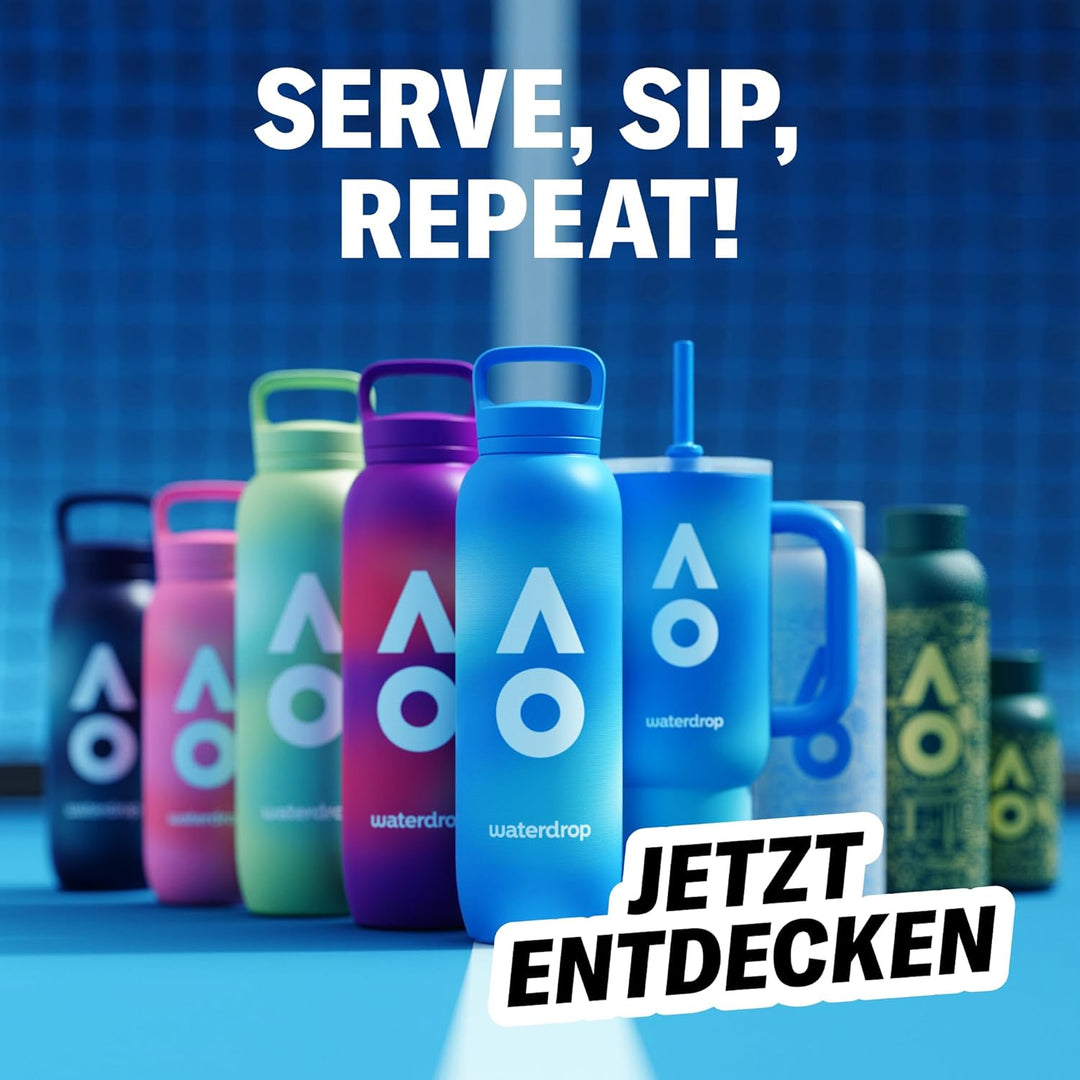 waterdrop® Australian Open 2026 Trinkflasche 1,1L - Edelstahl Isolierflasche mit Strohhalm & Griff,