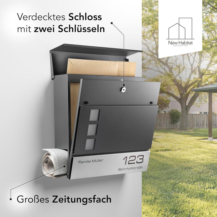 NewHabitat I Moderner Briefkasten Anthrazit mit Zeitungsfach - Wandbriefkasten personalisiert mit Ed