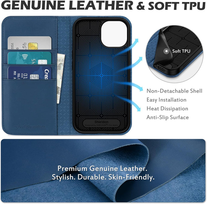 SHIELDON Hülle für iPhone 15, Schutzhülle [Rindsleder] [Stossfest] [Standfunktion] [Kartenfach] TPU
