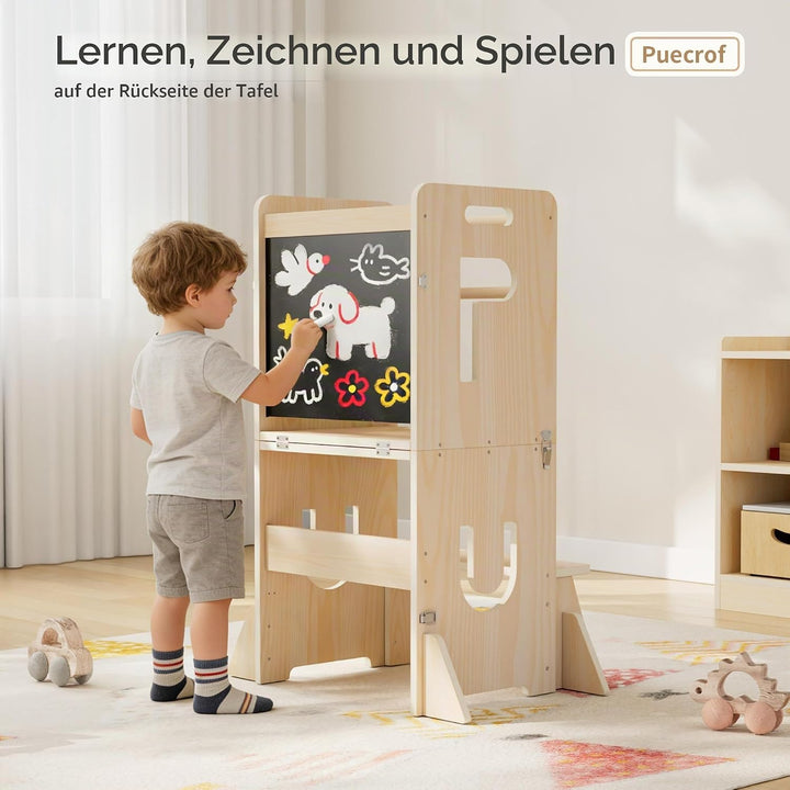 Lernturm für Kinder, klappbarer 3-in-1 Küchenhelfer Tritthocker aus Holz mit Kreidetafel, mit Sicher