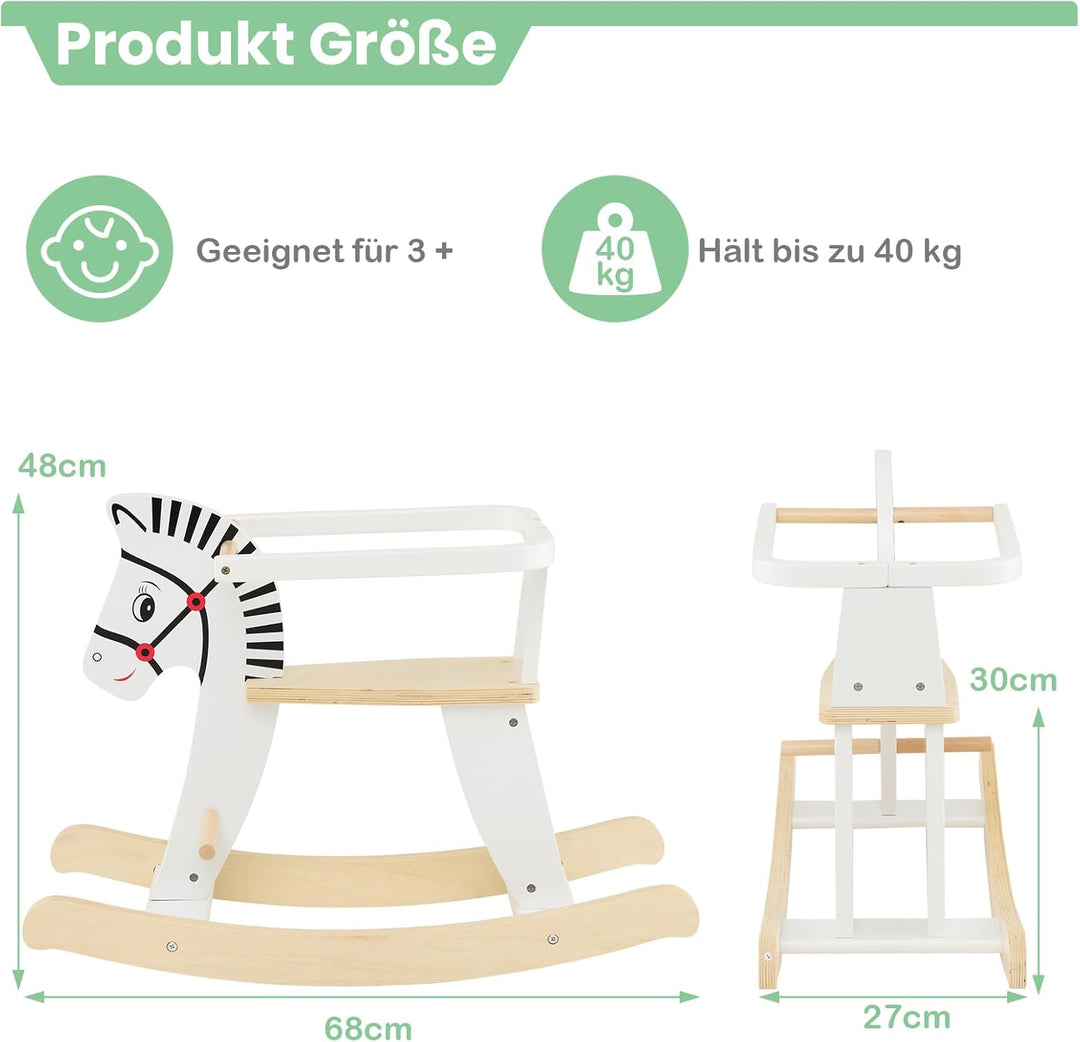 COSTWAY 2 in 1 Zebra Schaukelpferd, Schaukeltier aus Holz mit abnehmbaren Zäunen & Rückenlehne, Scha