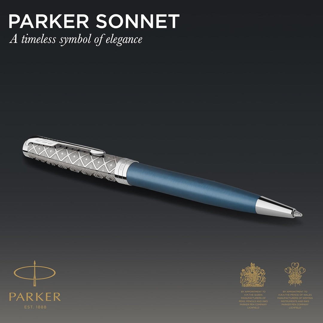 Parker Sonnet Kugelschreiber , Premium Metal & Blue Satinierung mit Chromverkleidung , Medium Spitze