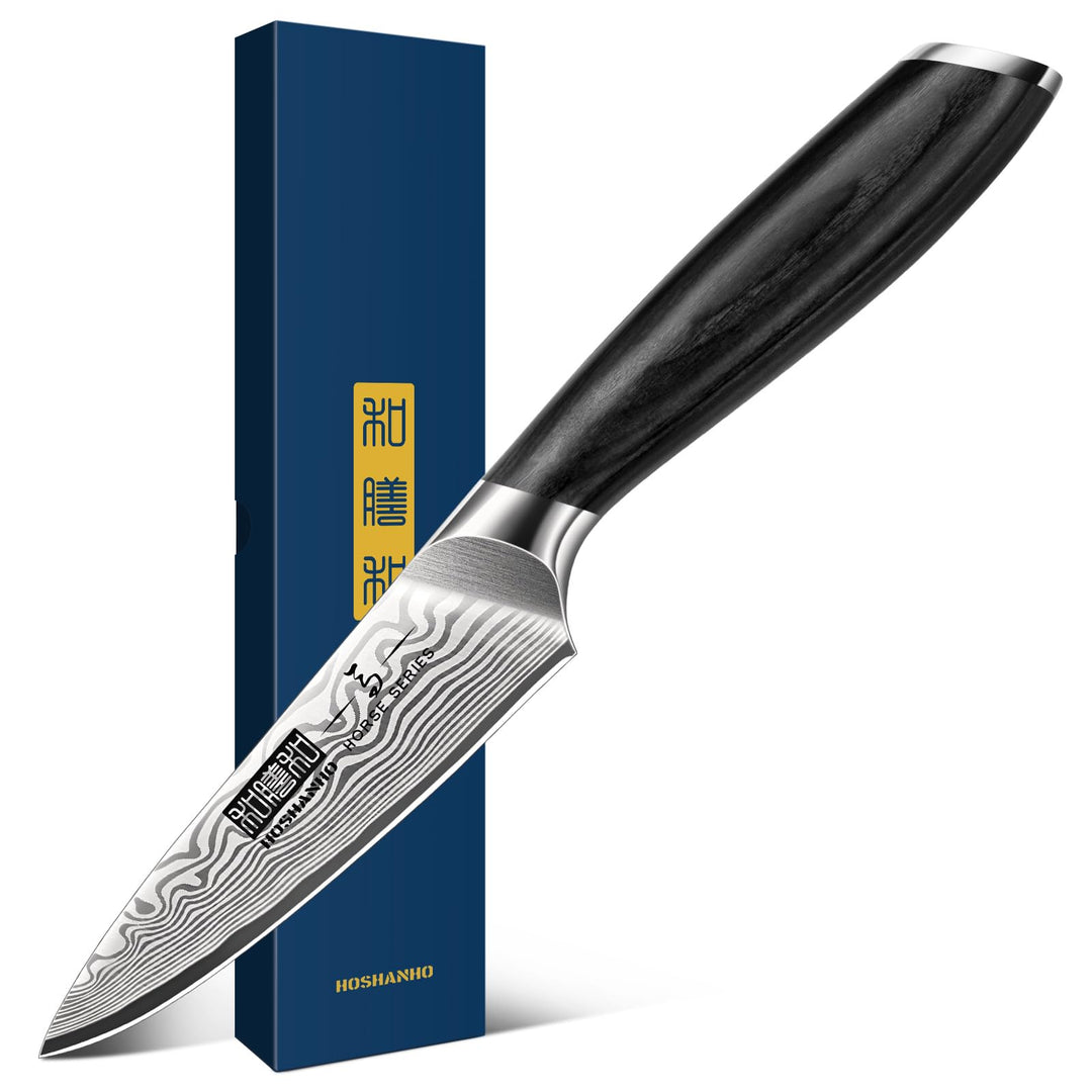 HOSHANHO Schälmesser 9,5 cm, Kleine Küchenmesser aus Geschmiedetem Kohlenstoffstahl, Rasiermessersch