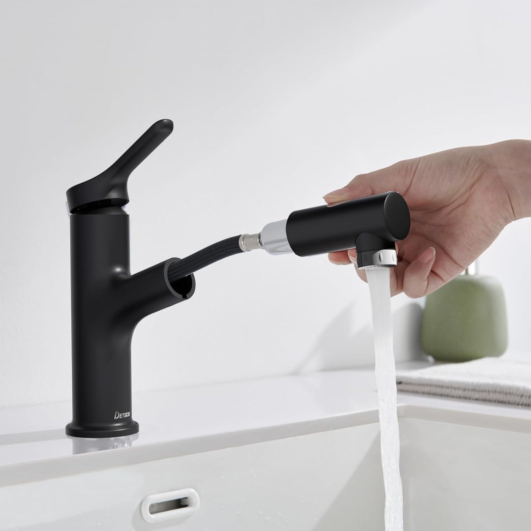 DETBOM Wasserhahn Bad mit Ausziehbar Brause, Armatur Badezimmer mit 2 Strahlarten, Einhebelmischer W
