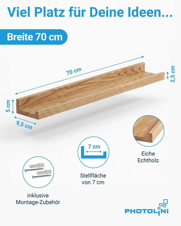 PHOTOLINI Wandregal Eiche Massivholz 70 cm, Schweberegal, 2er Set, modernes Design, Bilderleiste für