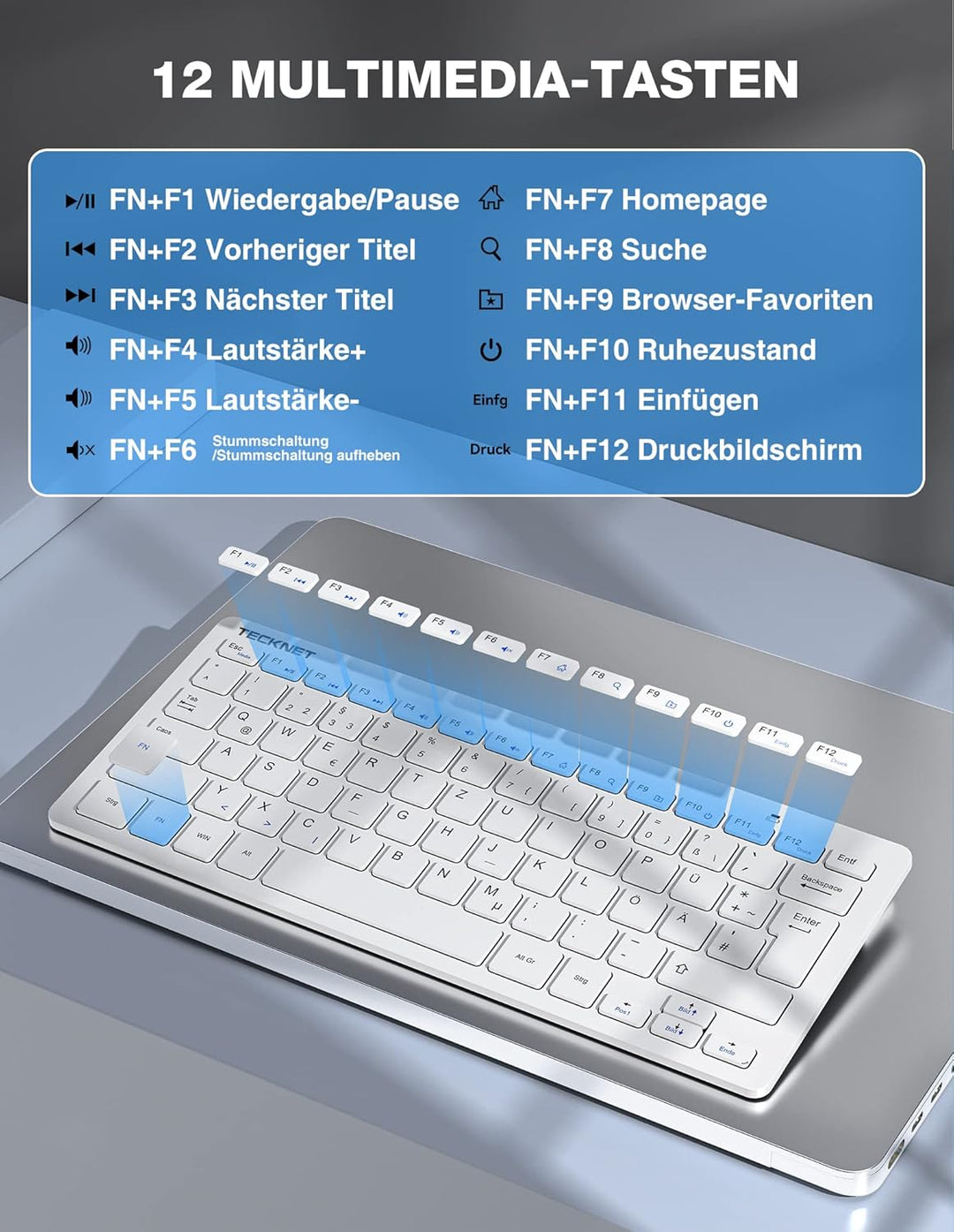 TECKNET Kabelloses Tastatur Maus Set, Deutsch QWERTZ Layout, 2.4 GHz Funk Mini Tastatur Mouse, 15m R