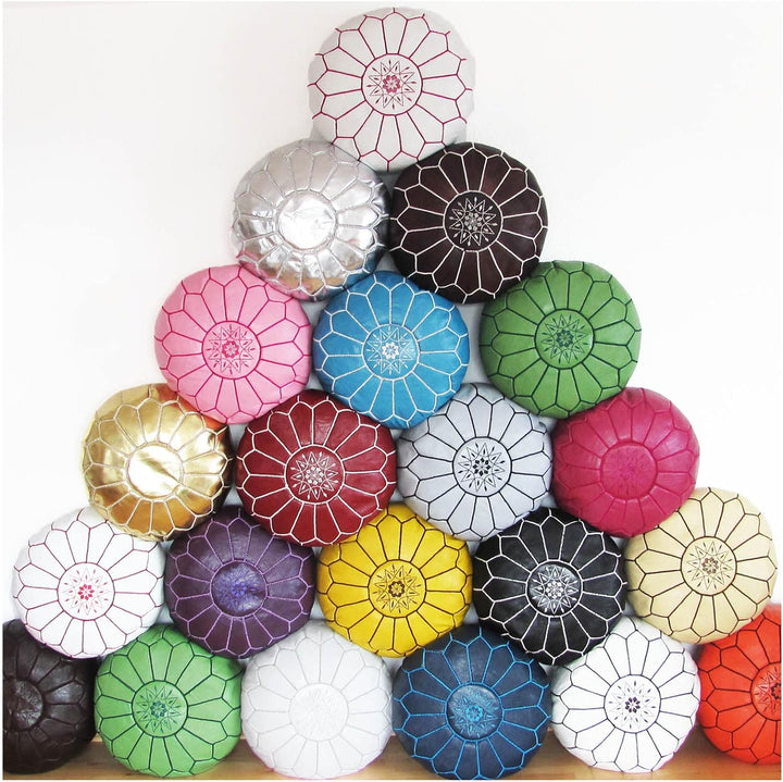 ALMADIH Leder Pouf Sitzkissen rosa mit lila Ziernaht Robustes Leder + formstabile Füllung - Traditio