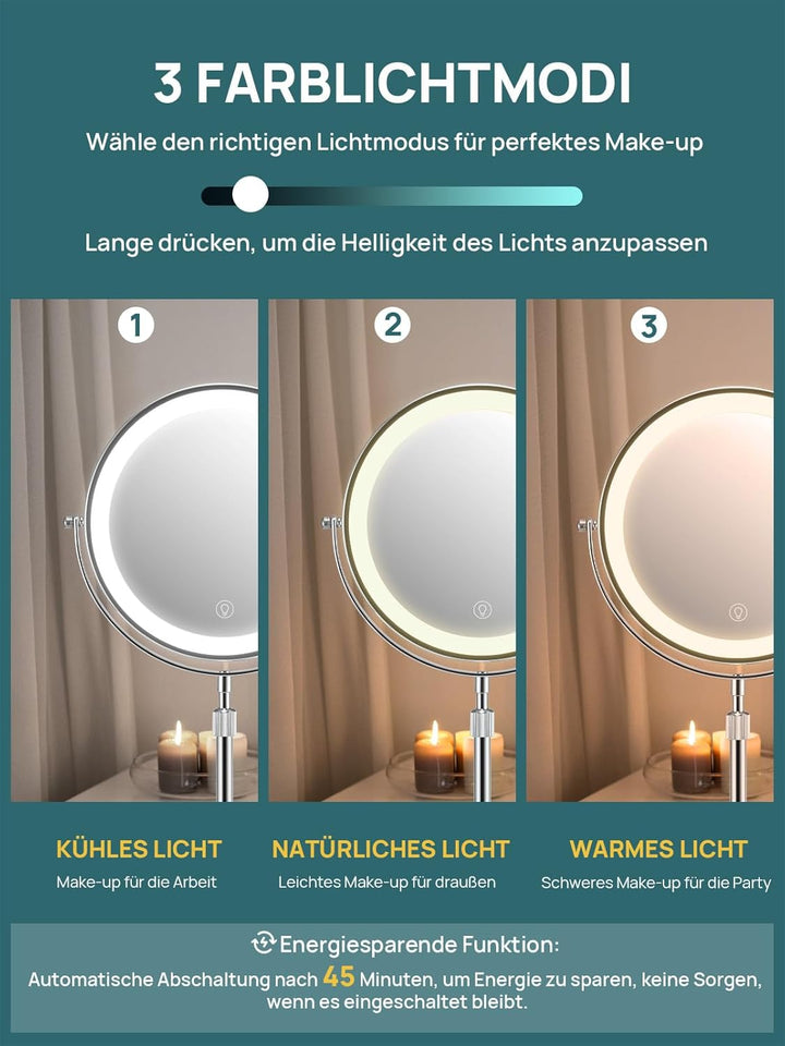 OMIRO 1X/10X Vergrösserungs Make-up Spiegel mit Lichtern, 21 cm Doppelseitiger Schwenkbarer Kosmetik