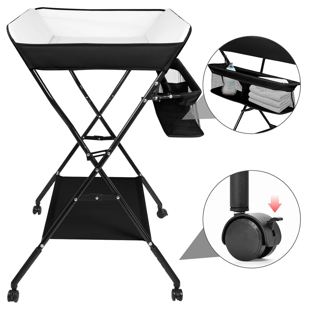 Baby Wickelkombi - klappbare Wickelkommode, mobiler Wickeltisch mit Wickelauflage, Sicherheitsgurt u