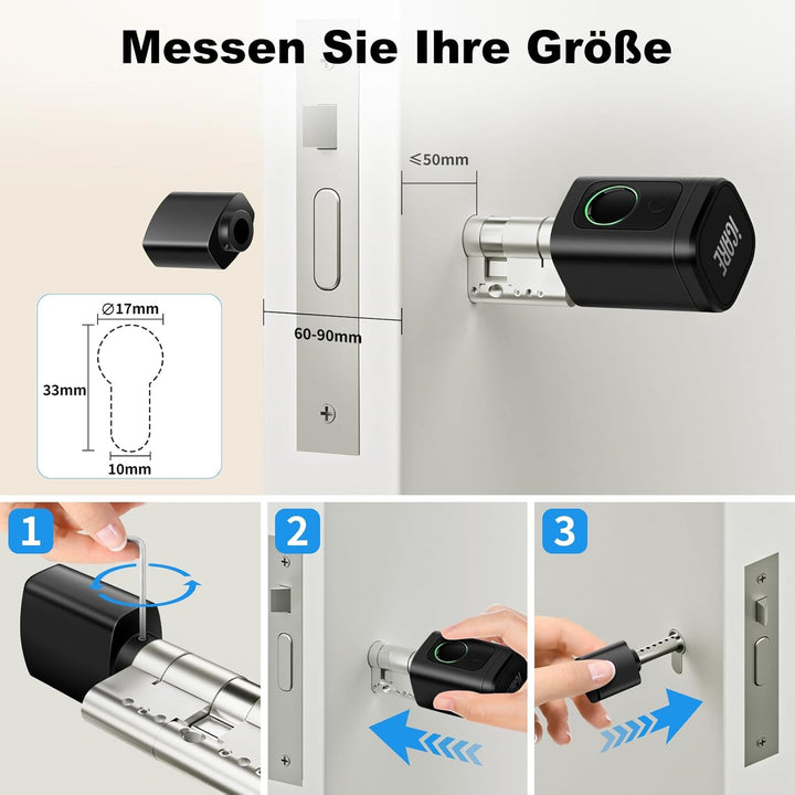Türschloss Fingerabdruck, Verstellbares Elektronisches Türschloss 60-90mm (30/30, 45/45), Smart Lock