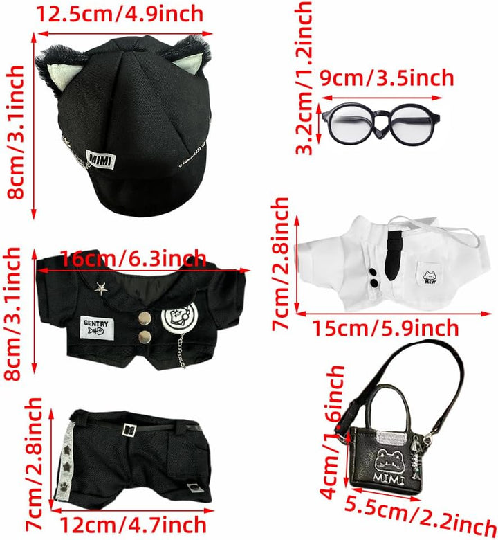 niannyyhouse 20 cm grosse Plüschpuppe, Kleidung, Hut, Mantel, Hemd, Hose, Rucksack, Brille, weisse K