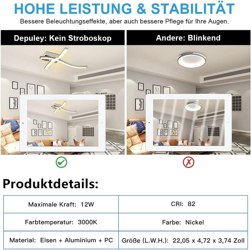 Depuley LED Modern Deckenleuchte, 2 Flammig Deckenlampe, Warmweiss 3000k, 12W, Metall Chrom Wohnzinm