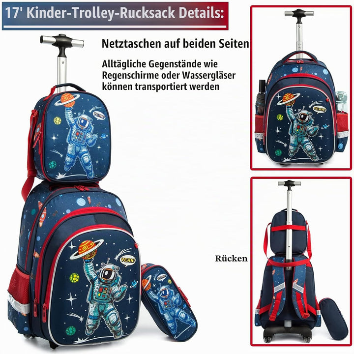 16" Schulranzen Kinder Rollrucksack für Mädchen 3PCS Rollen Reiserucksäcke 17 Blau220414-l, 17 Blau2