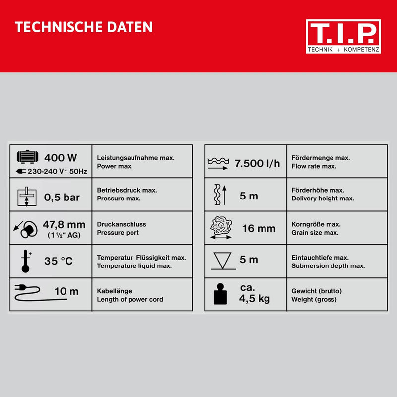 T.I.P. I-Compac 7500 Drainage-Tauchpumpe, Kunststoff, Rot 18 x 13 x 30 cm