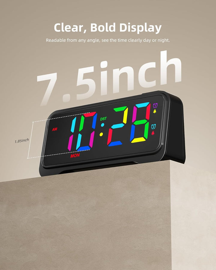ROCAM LED Wecker Digital mit Grossen Zahlen, Nachttisch Wecker mit Typ-C & USB-Ladeanschluss, Dualer