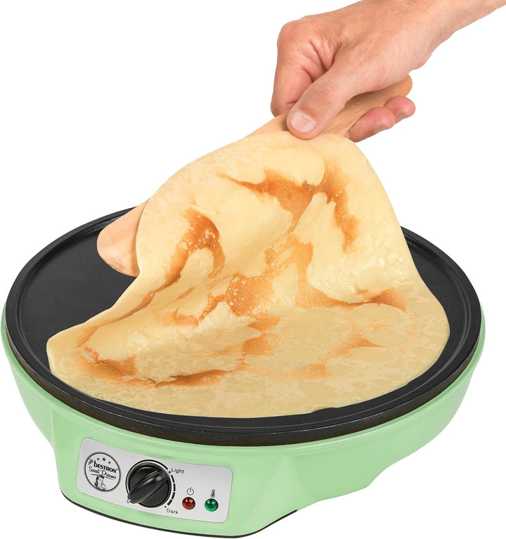 Bestron Elektrischer Crêpesmaker grün Ø 30 cm – Einstellbarer Thermostat | Antihaftbeschichtung | Mi
