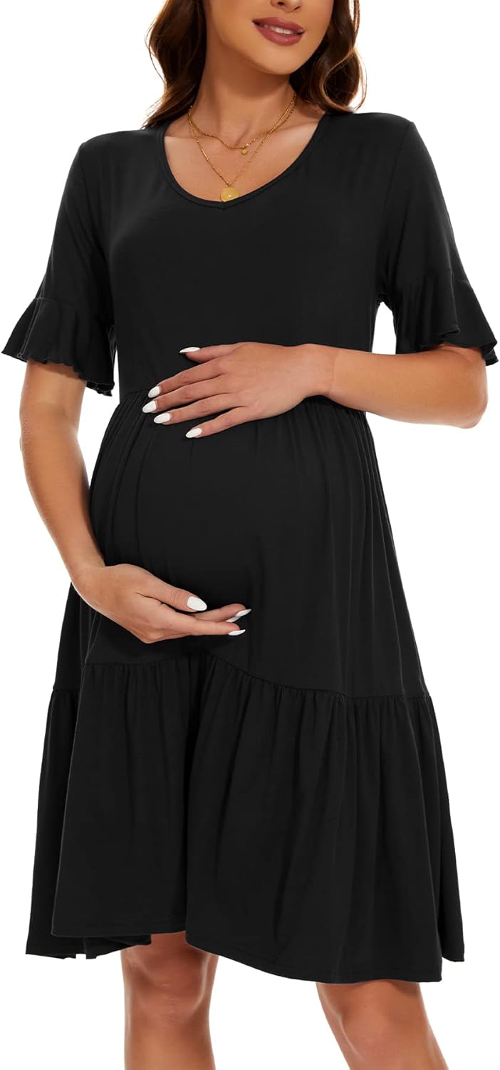 Smallshow Damen Umstandskleid Kurzarm Sommer Schwangerschafts Umstandsmode Kleid M Schwarz, M Schwar