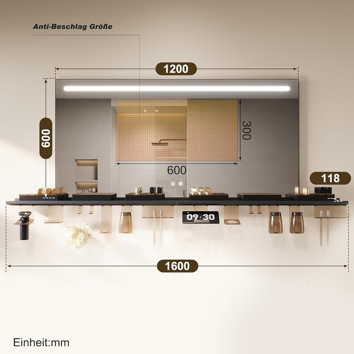 SONNI Badezimmerspiegel mit Beleuchtung 120x60 cm, LED Badspiegel mit Ablage 160cm, 3 einstellbare L