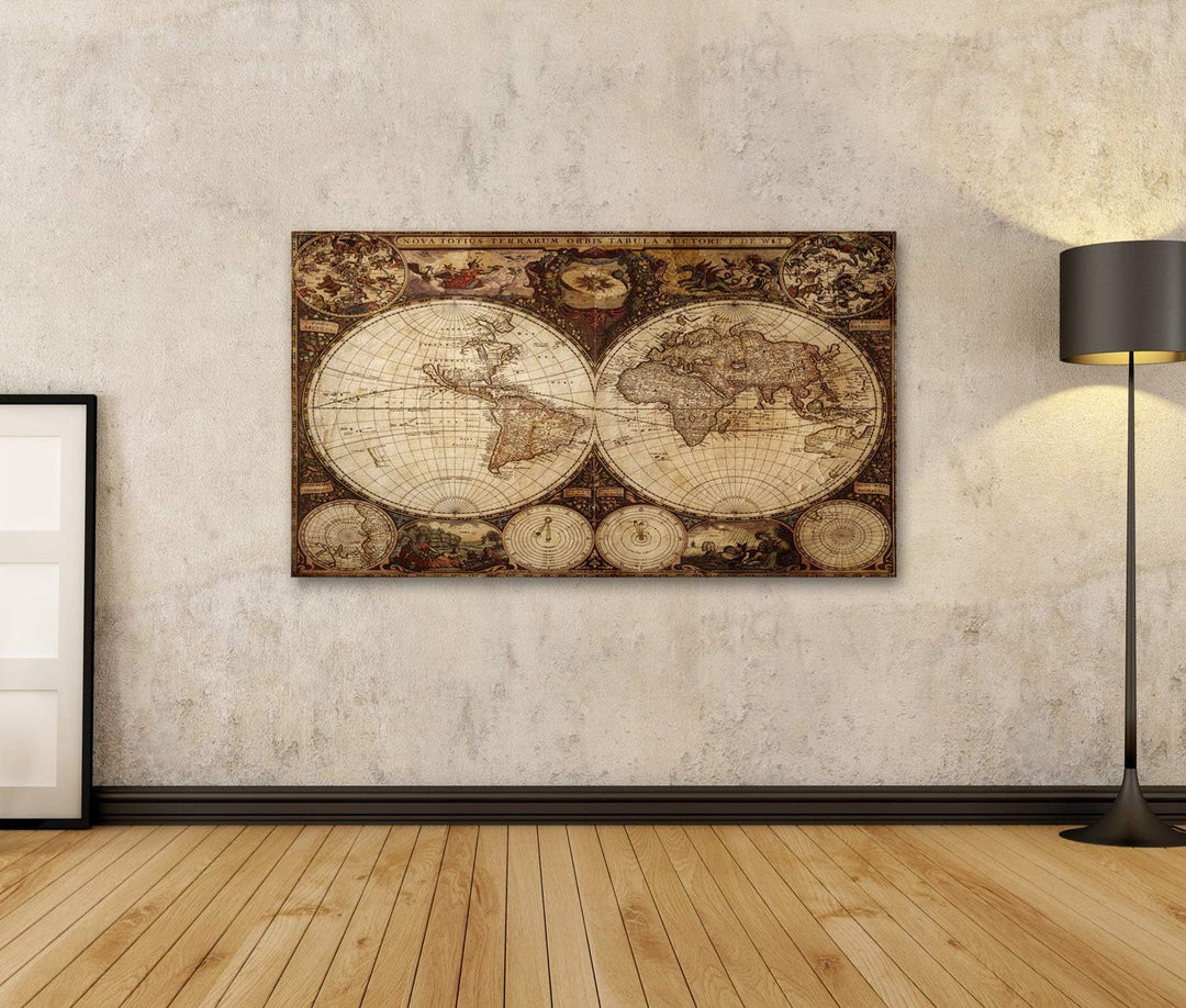 islandburner Bild auf Leinwand Alte Weltkarte Vintage Bilder Wandbilder Poster Leinwand 100x57cm, Le