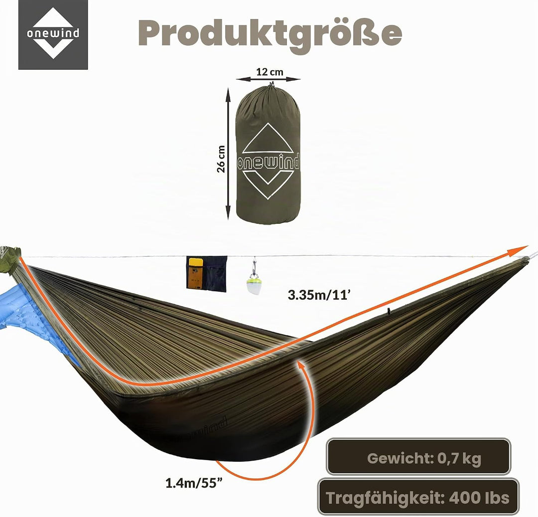 onewind Lange ultraleichte Campinghängematte für Backpacker, tragbar, kompakt, ideal für Wandern, Ca