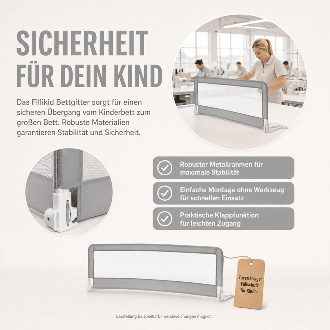 Fillikid Bettgitter für Standardbetten grau, Bettschutzgitter 150cm x 50cm, 100cm x 50cm, Kinderbett