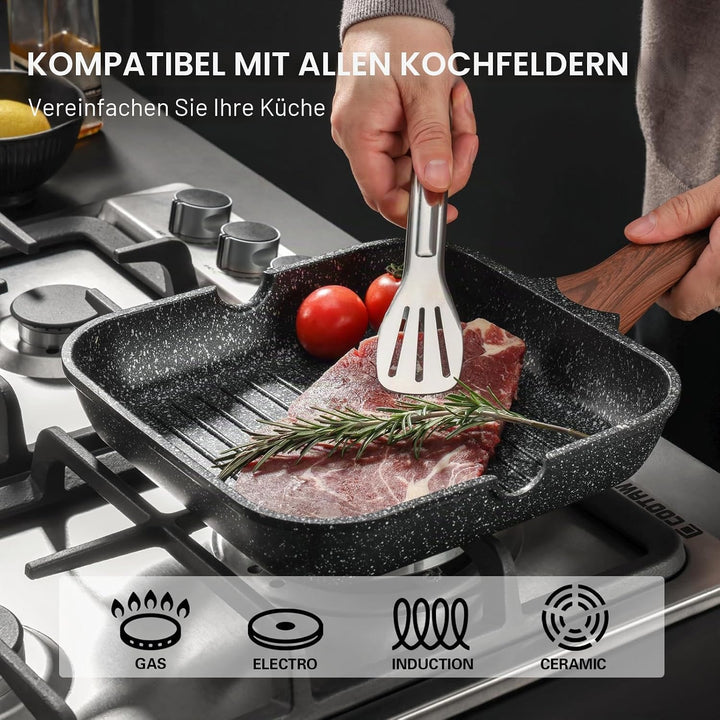Kordisen Antihaft-Grillpfanne, 28 cm quadratische Pfanne für Induktion, Granitbeschichtung, Ausgiess